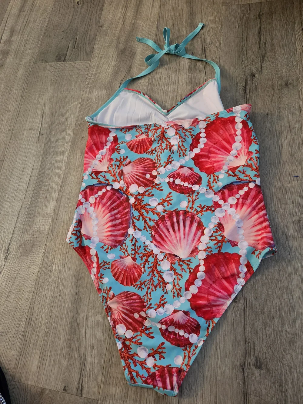 One-Piece Swimsuit in Teal with Pink Shell Print. Plus Size 1X